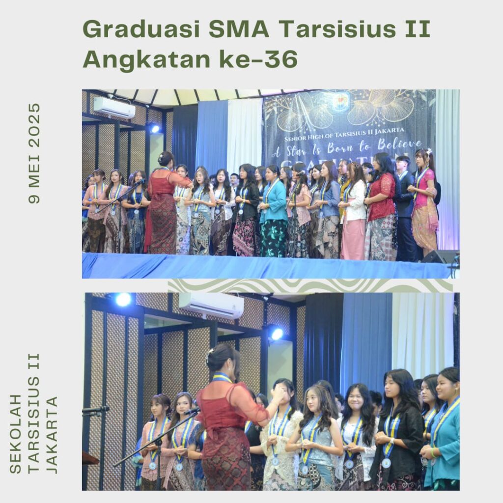 Foto-foto siswa SMA Tarsisius II angkatan ke-36 dalam balutan toga memasuki aula; Jesica, Anabel, dan Gracia tampil membawakan lagu Nusantara; siswa menyanyikan lagu untuk orang tua dan menyerahkan bunga sebagai tanda cinta; Marcelo menerima penghargaan untuk prestasi di bidang e-sport; momen haru saat siswa menyalami para guru satu per satu dalam barisan.